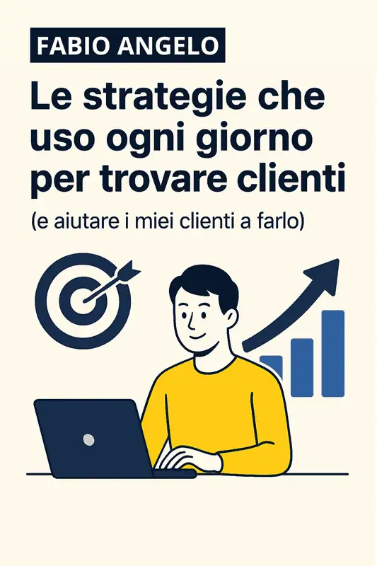 Copertina dell’ebook di Fabio Angelo su come trovare clienti con Apollo.io, con titolo e illustrazione di un uomo al computer, bersaglio e grafico in crescita.